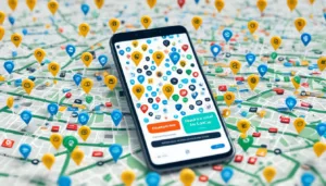 Mobile Marketing para Pymes Locales. movil encencido con la pantalla llena de mapas