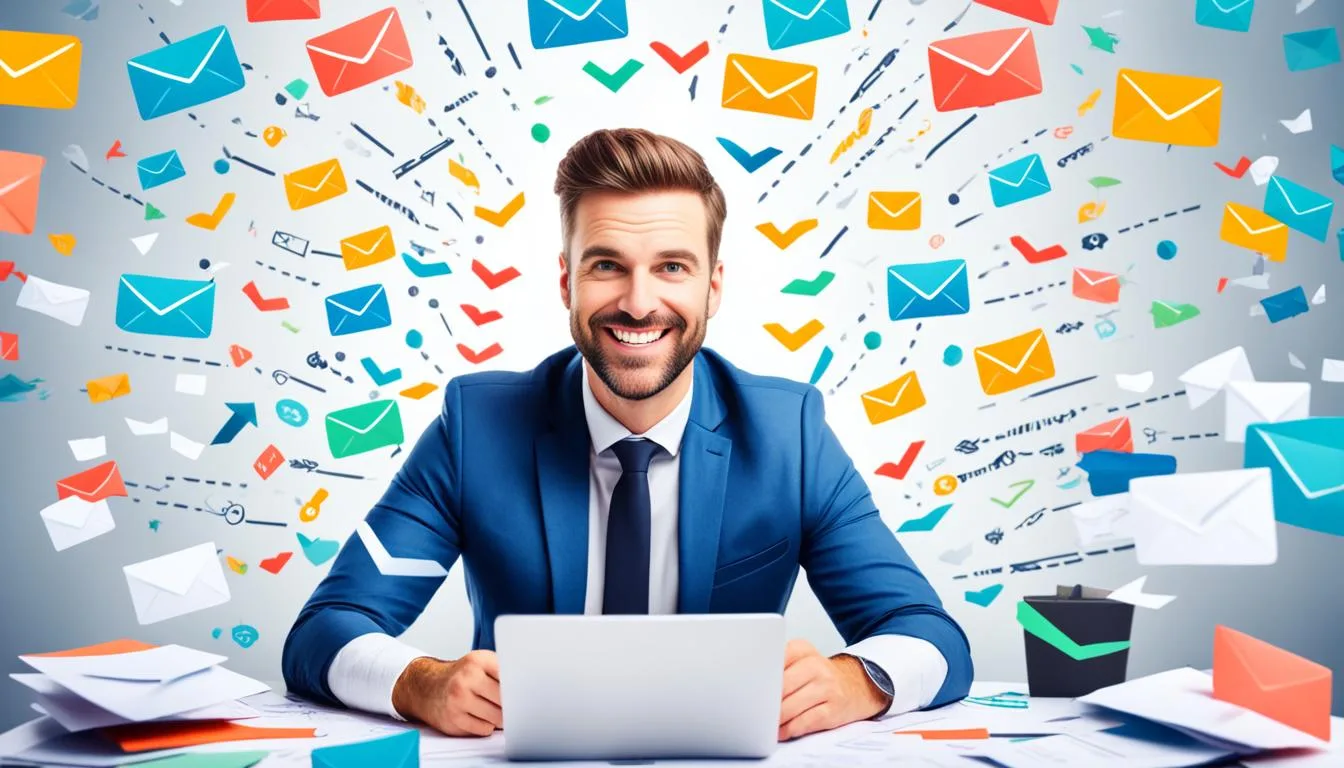 email marketing para pymes. hombre sonriente escribiendo en ordenador y detras de el muchos iconos de sobres y correos